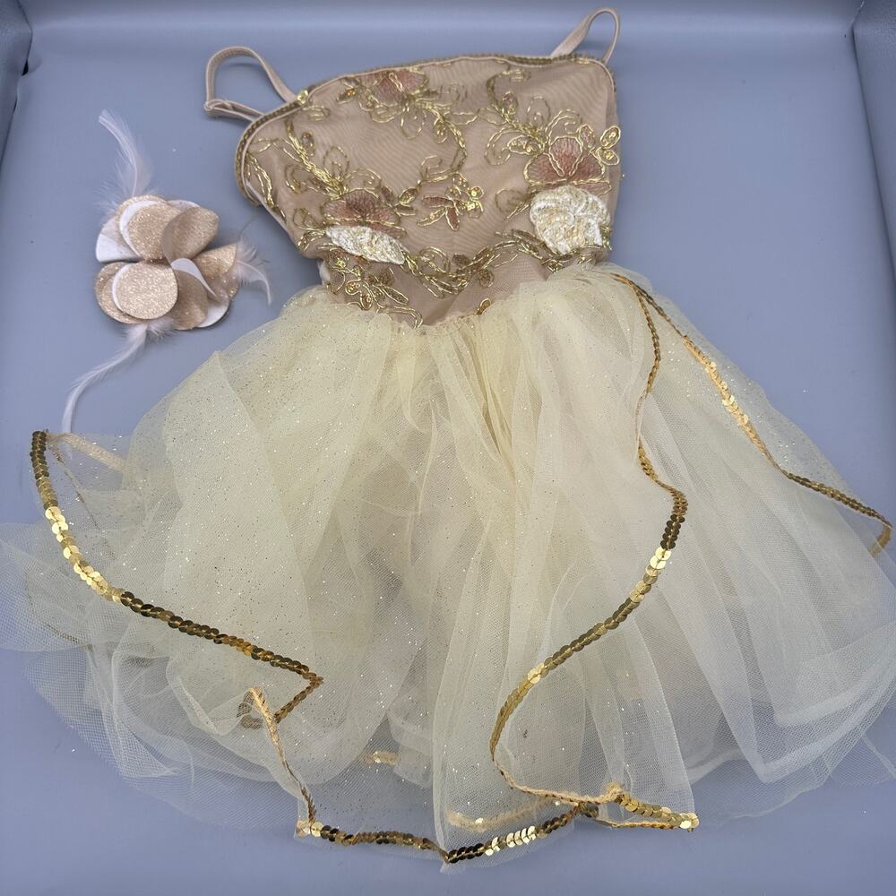 Dance Costume Gold Yellow Floral Ballet with Hair Piece Size IC (6-7) La Petite